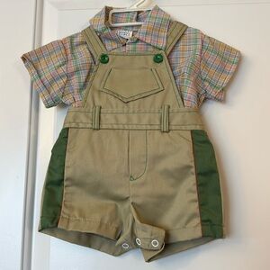 Vintage Cotton Candy Infant Boys 2 Piece Outfit green and tan overall 12 months